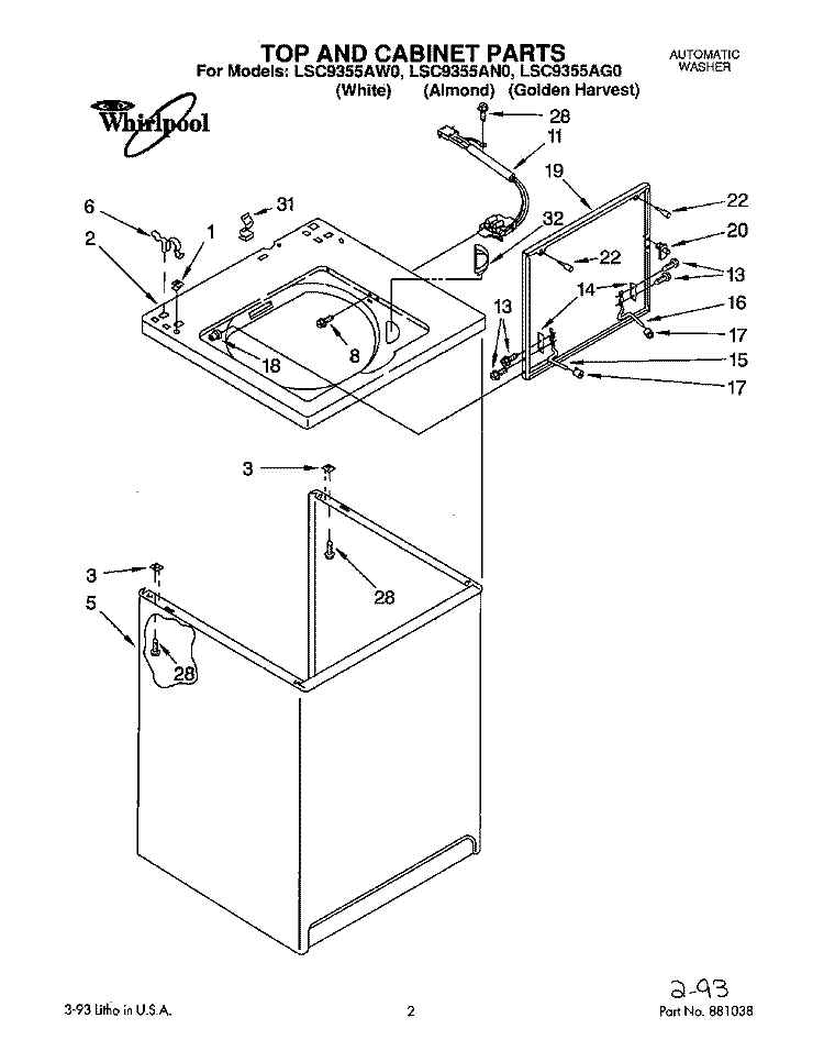 TOP AND CABINET, LIT/OPTIONAL Diagram and Parts List for LSC9355AW0  Whirlpool Washer