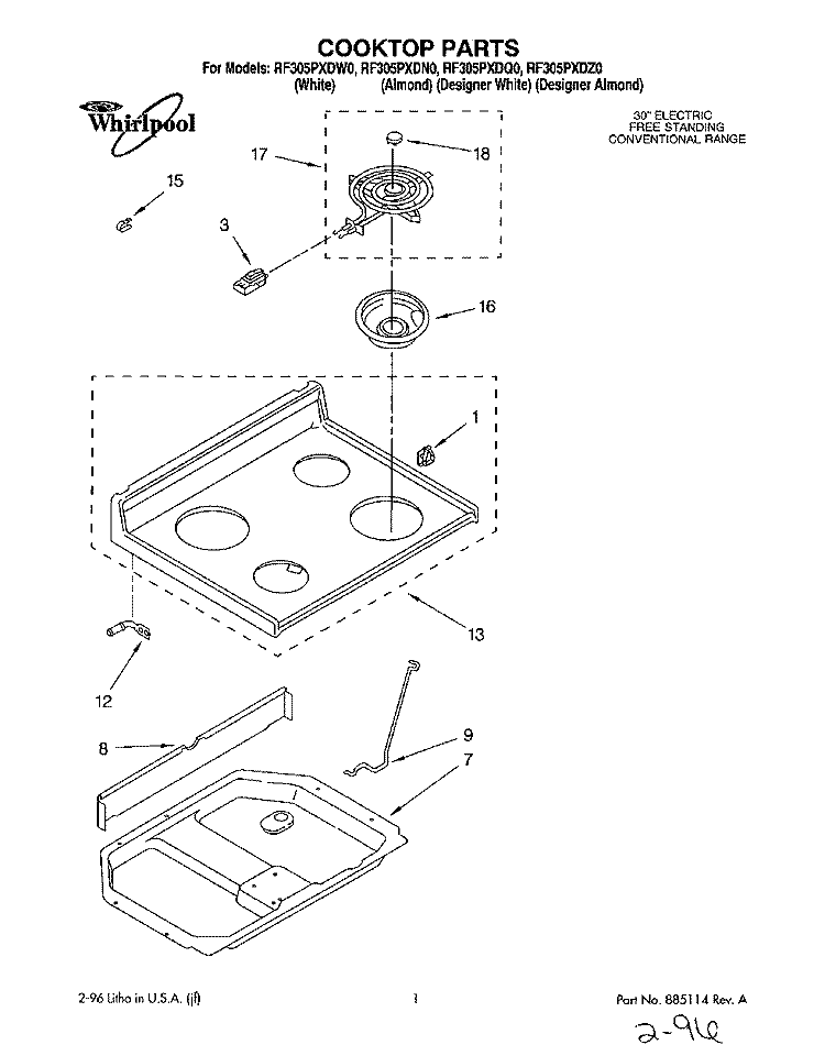 COOKTOP, LITERATURE Diagram and Parts List for RF305PXDZ0  Whirlpool Range