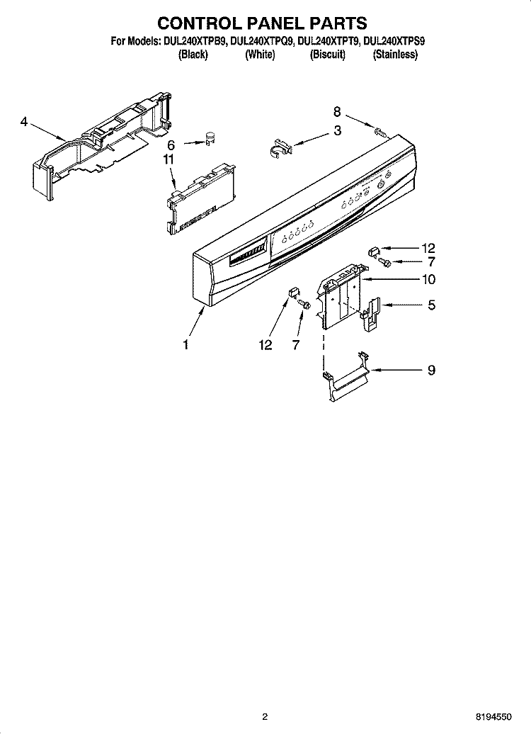 CONTROL PANEL PARTS Diagram and Parts List for DUL240XTPS9  Whirlpool Dishwasher