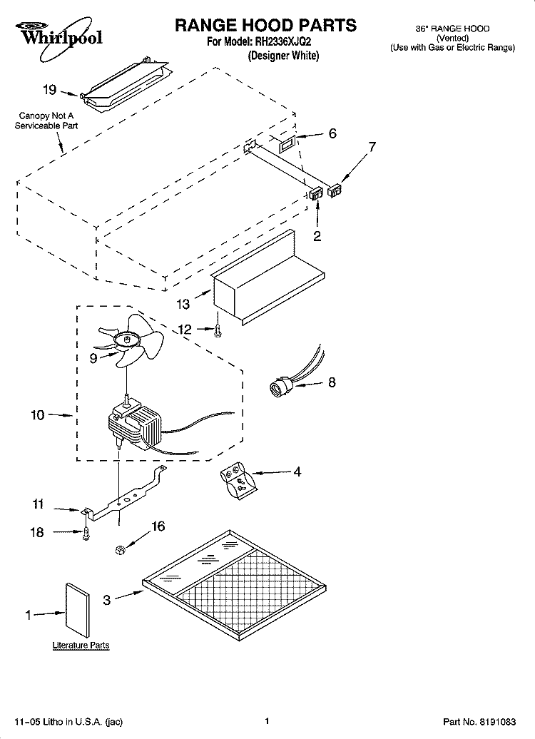 RANGE HOOD PARTS Diagram and Parts List for RH2336XJQ2  Whirlpool Range Hood