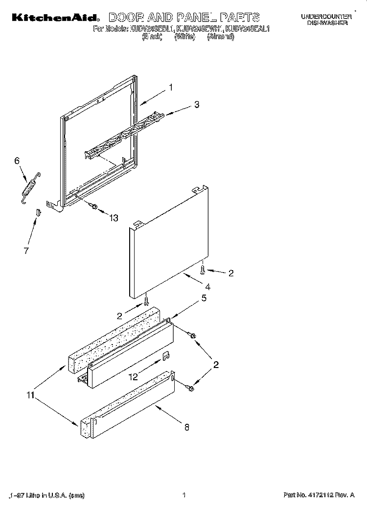 DOOR AND PANEL Diagram and Parts List for KUDV24SEWH1  KitchenAid Dishwasher