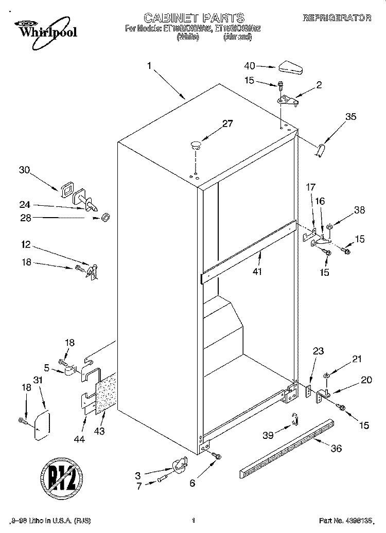 CABINET Diagram and Parts List for ET18GKXGN02  Whirlpool Refrigerator