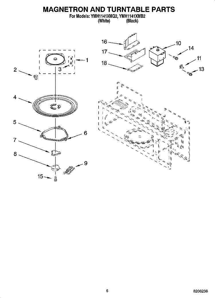 MAGNETRON AND TURNTABLE PARTS Diagram and Parts List for YMH1141XMB2  Whirlpool Microwave