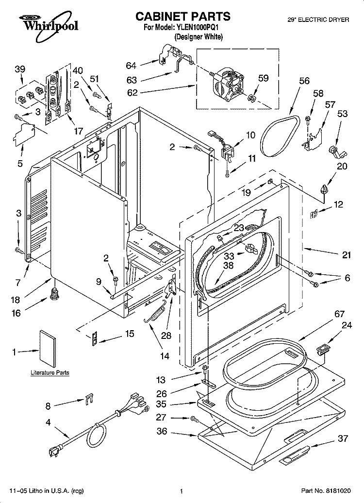 CABINET PARTS Diagram and Parts List for YLEN1000PQ1  Whirlpool Dryer