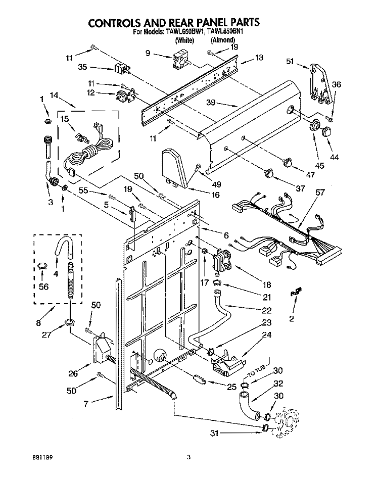 CONTROLS AND REAR PANEL Diagram and Parts List for TAWL650BN1  Estate Washer