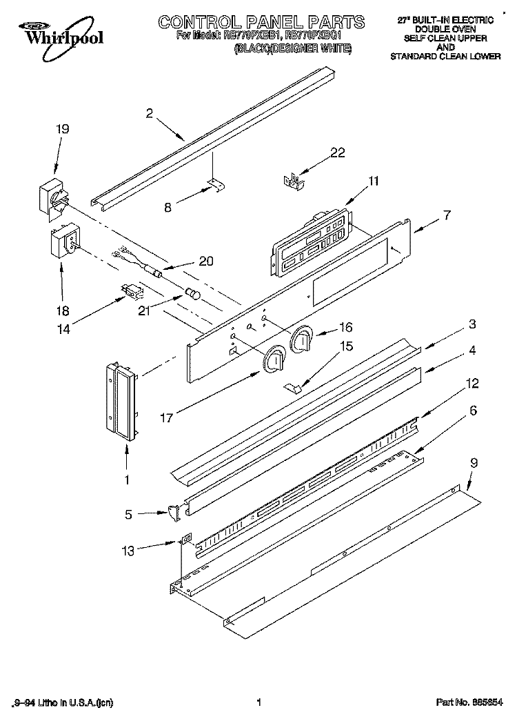 CONTROL PANEL, LITERATURE Diagram and Parts List for RB770PXBQ1  Whirlpool Wall Oven