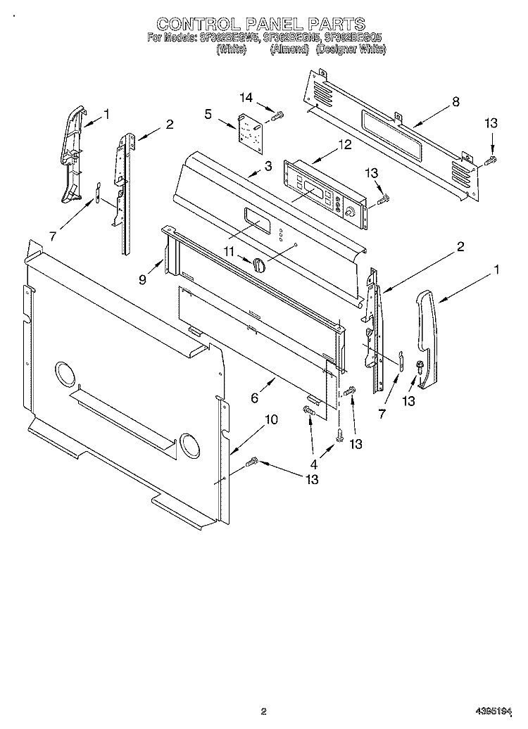 CONTROL PANEL Diagram and Parts List for SF362BEGN5  Whirlpool Range