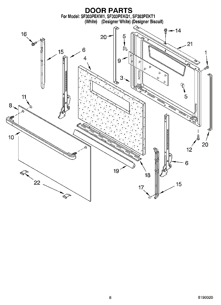 DOOR PARTS, MISCELLANEOUS PARTS Diagram and Parts List for SF303PEKT1  Whirlpool Range
