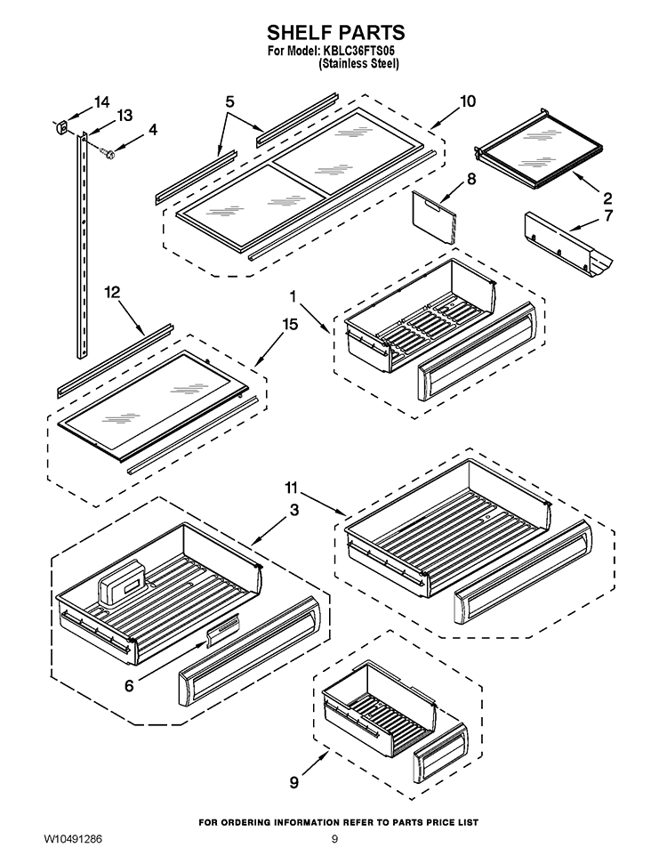 SHELF PARTS Diagram and Parts List for KBLC36FTS05  KitchenAid Refrigerator