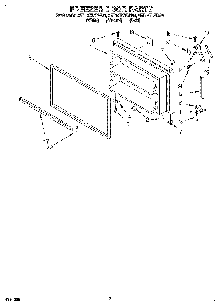 FREEZER DOOR Diagram and Parts List for 8ET18ZKXDW01  Whirlpool Refrigerator