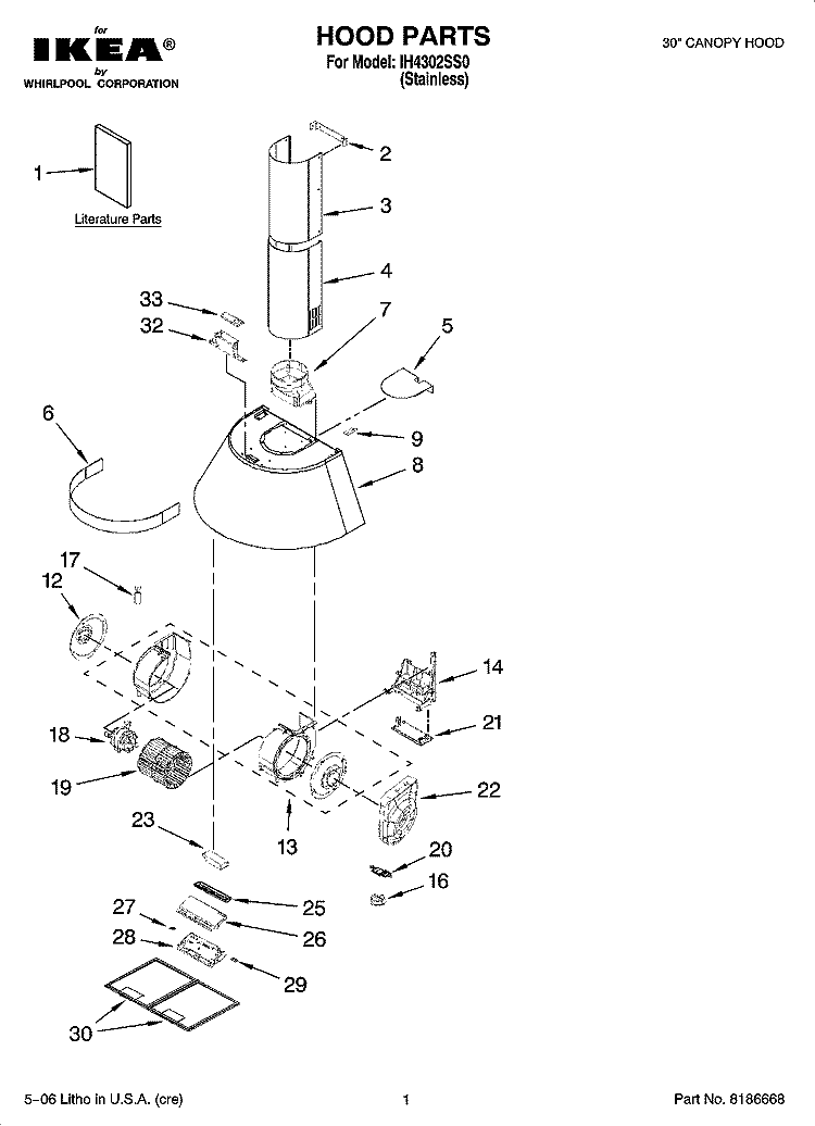 HOOD PARTS Diagram and Parts List for IH4302SS0  Whirlpool Range Hood