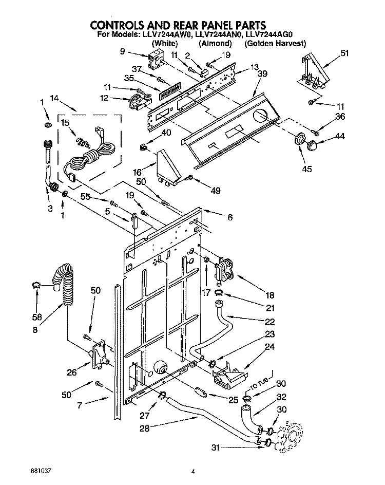 CONTROLS AND REAR PANEL Diagram and Parts List for LLV7244AW0  Whirlpool Washer