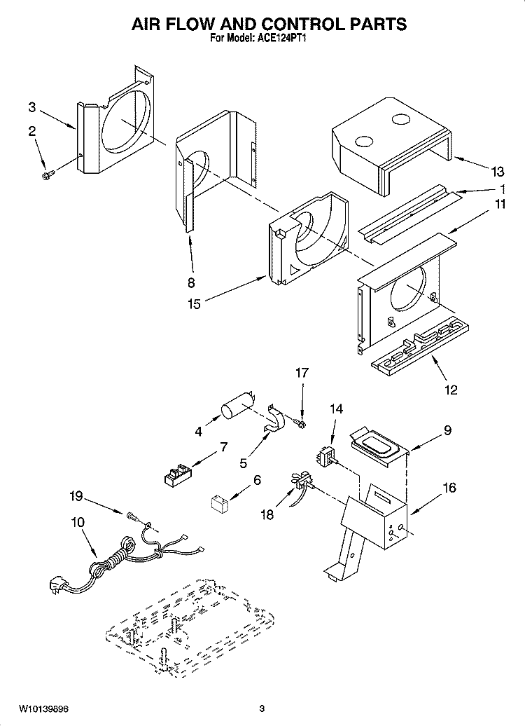 AIR FLOW AND CONTROL PARTS Diagram and Parts List for ACE124PT1  Whirlpool Air Conditioner