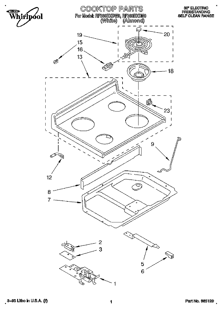 COOKTOP, LITERATURE Diagram and Parts List for RF360BXDN0  Whirlpool Range