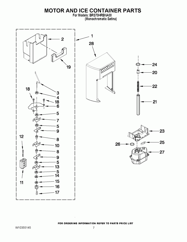 MOTOR AND ICE CONTAINER PARTS Diagram and Parts List for BRS70HRBNA00  Whirlpool Refrigerator