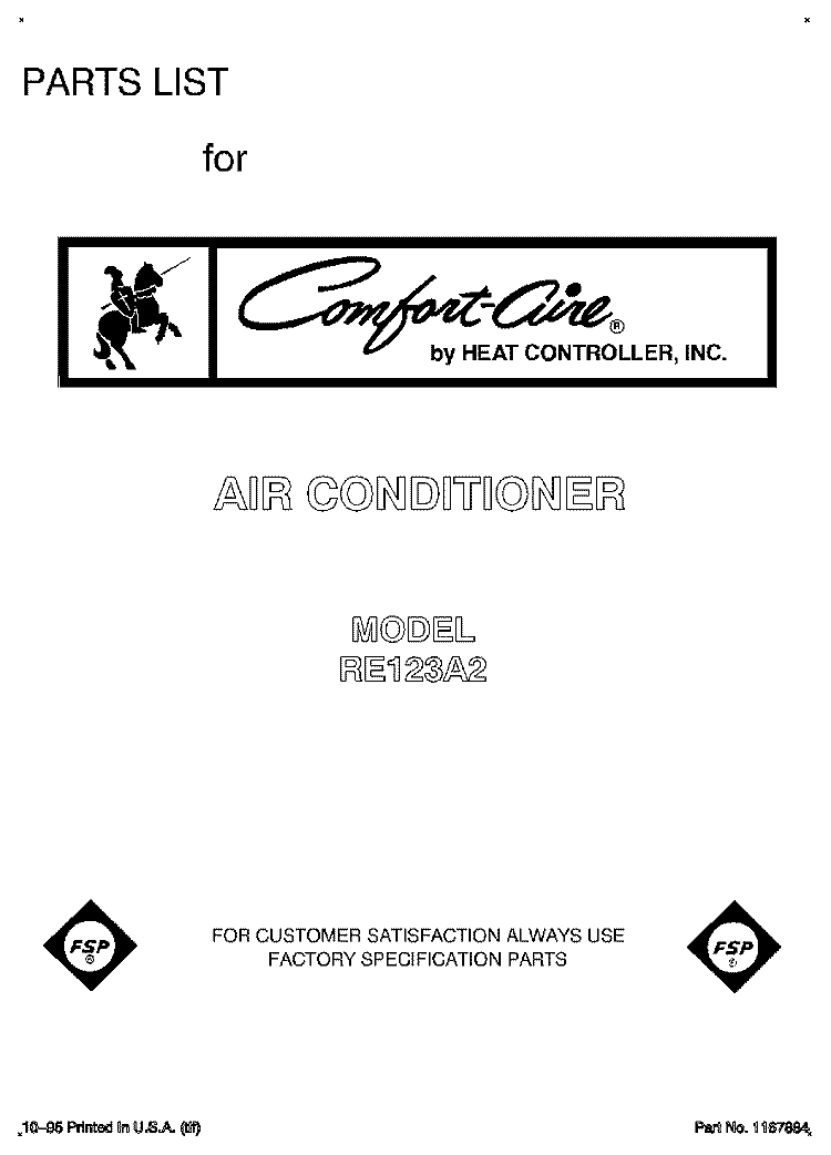 FRONT COVER Diagram and Parts List for RE123A2  Whirlpool Air Conditioner
