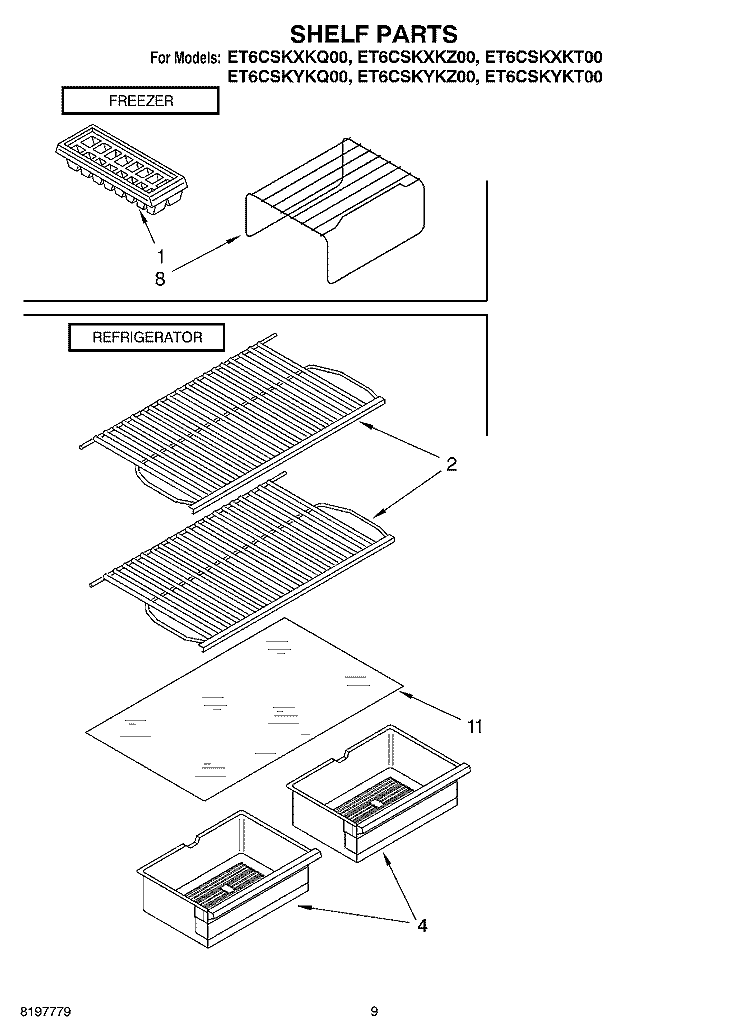 SHELF, OPTIONAL Diagram and Parts List for ET6CSKXKT00  Whirlpool Refrigerator