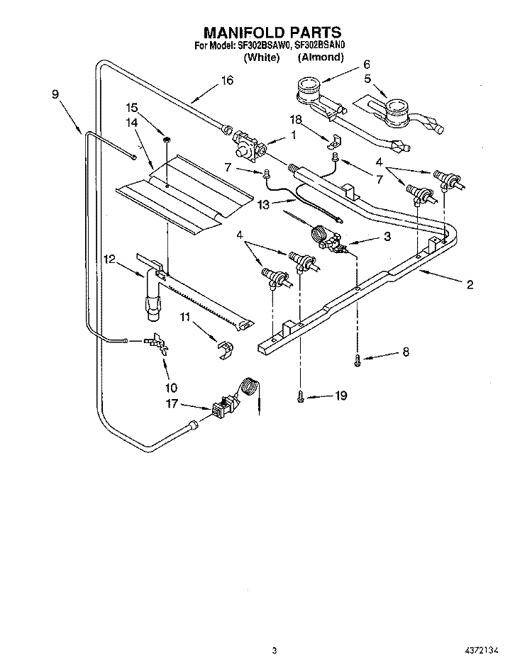MANIFOLD Diagram and Parts List for SF302BSAW0  Whirlpool Range