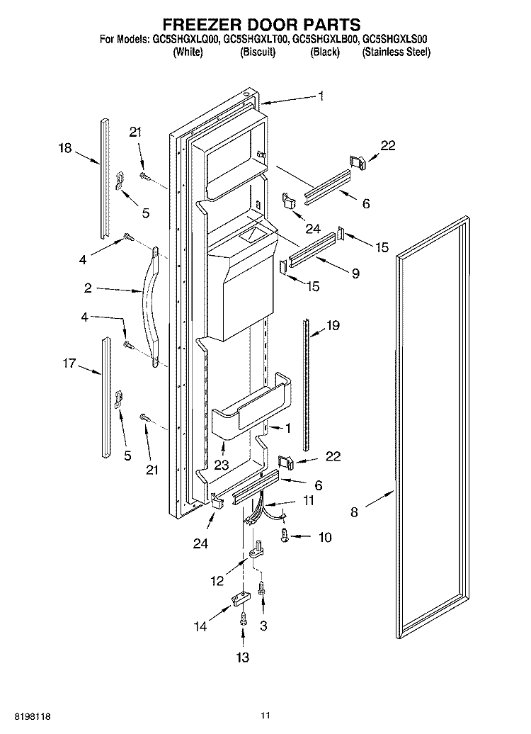 FREEZER DOOR Diagram and Parts List for GC5SHGXLB00  Whirlpool Refrigerator