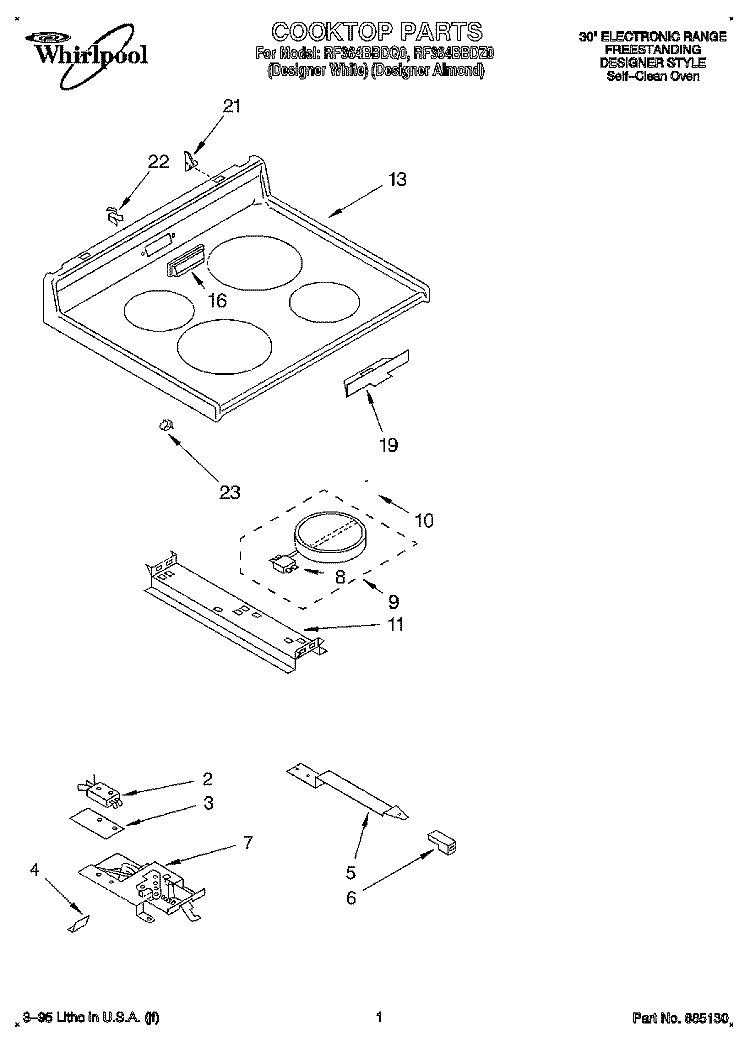 COOKTOP, LITERATURE Diagram and Parts List for RF364BBDZ0  Whirlpool Range