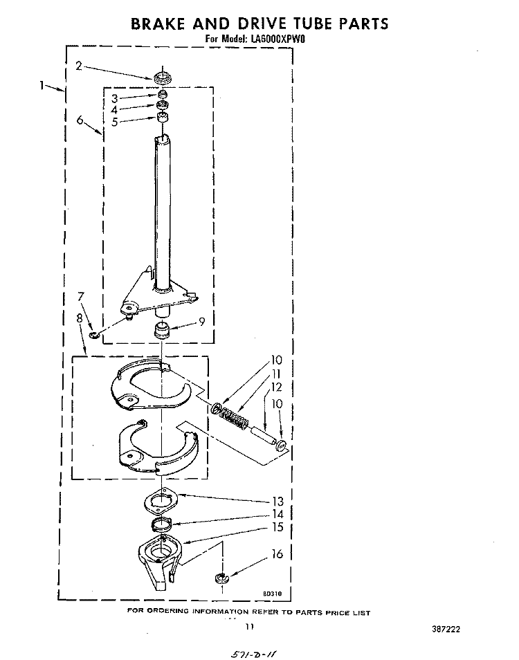BRAKE AND DRIVE TUBE Diagram and Parts List for LA6000XPW0  Whirlpool Washer