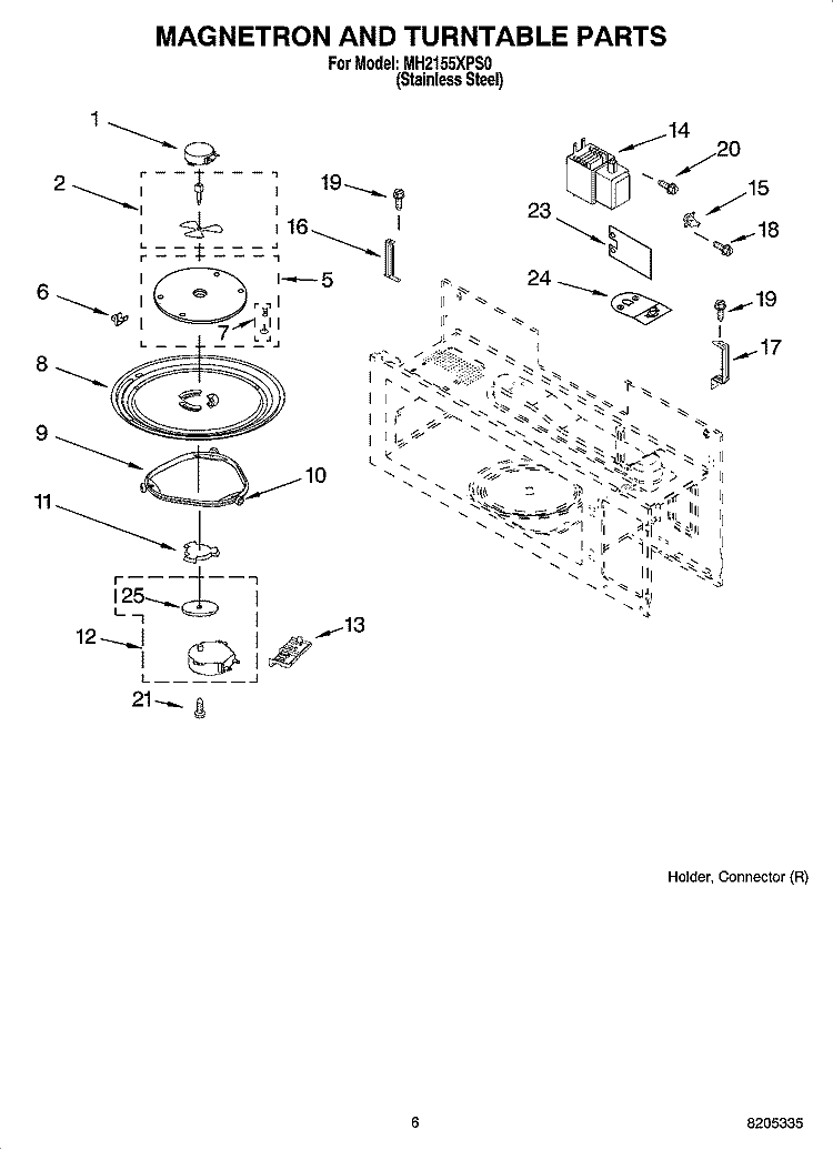 MAGNETRON AND TURNTABLE PARTS Diagram and Parts List for MH2155XPS0  Whirlpool Microwave