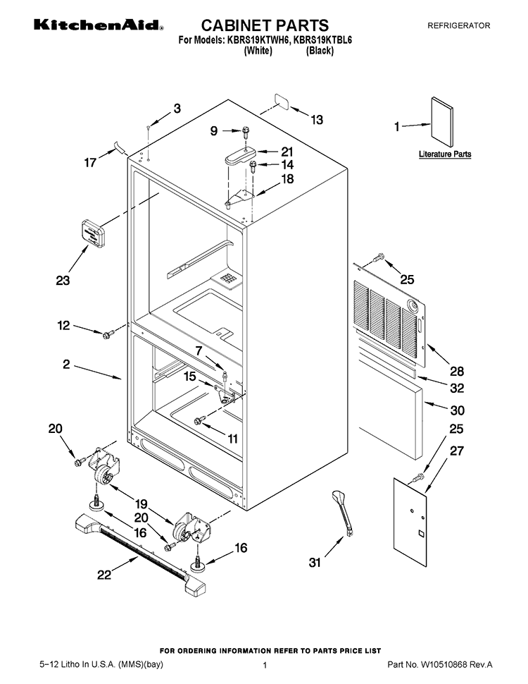 CABINET PARTS Diagram and Parts List for KBRS19KTBL6  KitchenAid Refrigerator