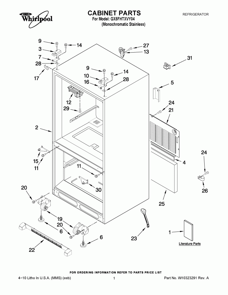 CABINET PARTS Diagram and Parts List for GX5FHTXVY04  Whirlpool Refrigerator