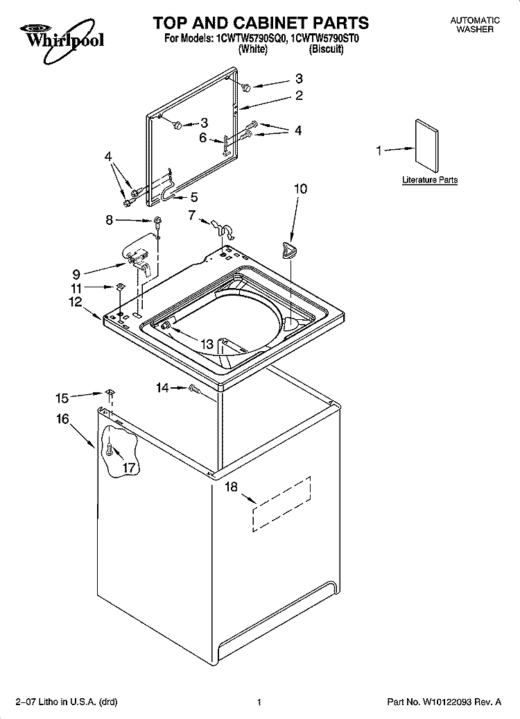 TOP AND CABINET PARTS Diagram and Parts List for 1CWTW5790SQ0  Whirlpool Washer