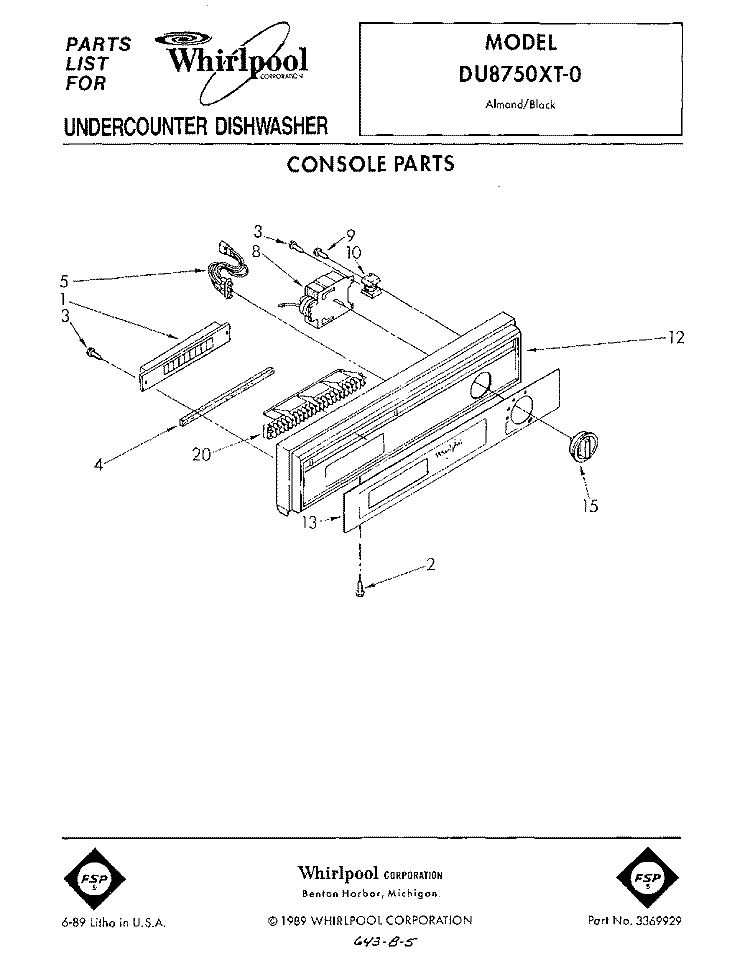 CONSOLE Diagram and Parts List for DU8750XT0  Whirlpool Dishwasher