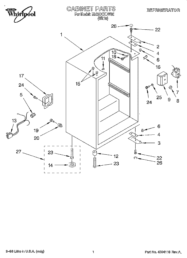 CABINET Diagram and Parts List for EL03CCXDW00  Whirlpool Refrigerator