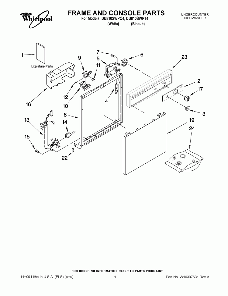 FRAME AND CONSOLE PARTS Diagram and Parts List for DU810SWPQ4  Whirlpool Dishwasher