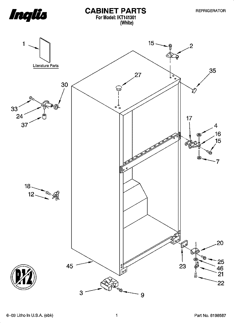 CABINET PARTS Diagram and Parts List for IKT141301  Inglis Refrigerator