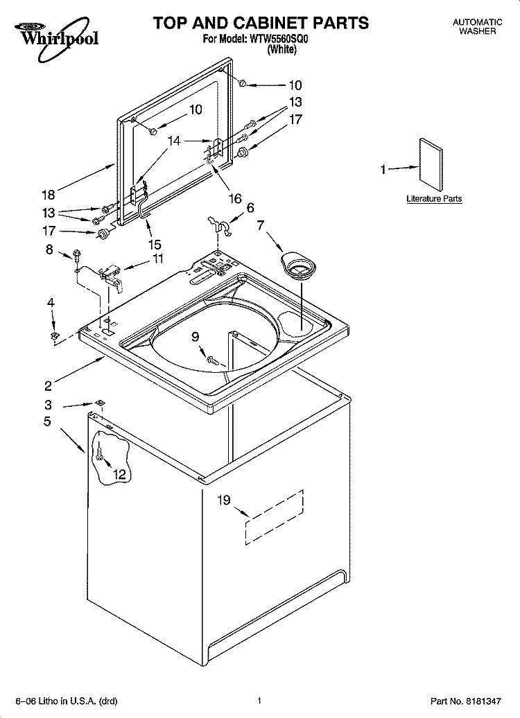 TOP AND CABINET PARTS Diagram and Parts List for WTW5560SQ0  Whirlpool Washer