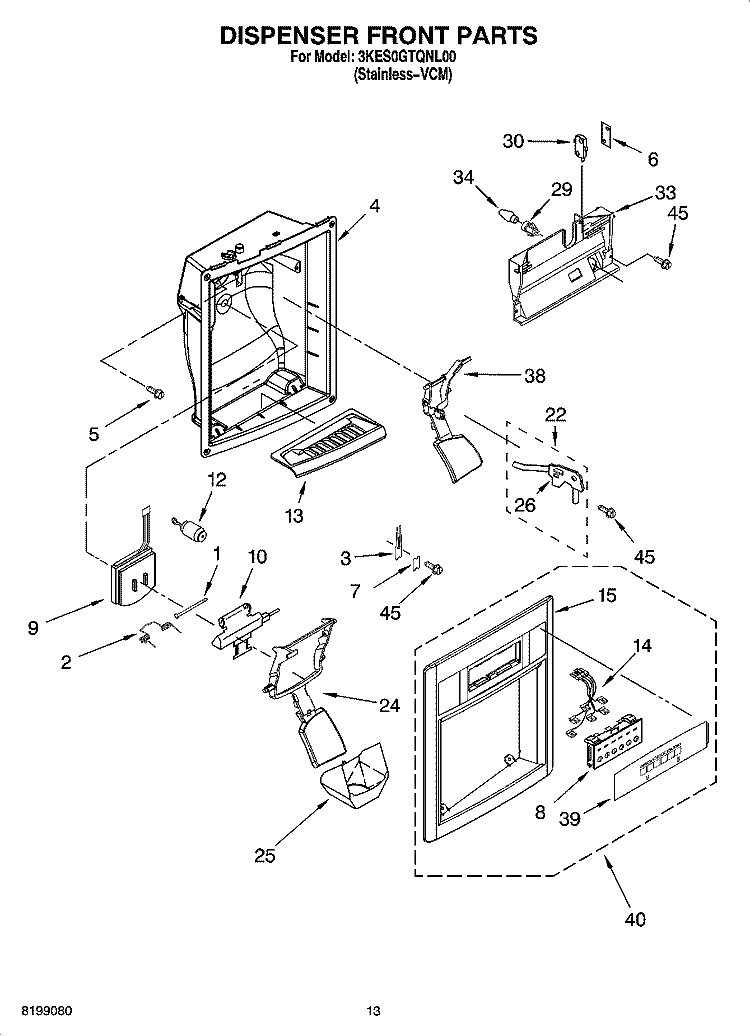 DISPENSER FRONT PARTS Diagram and Parts List for 3KES0GTQNL00  Whirlpool Refrigerator
