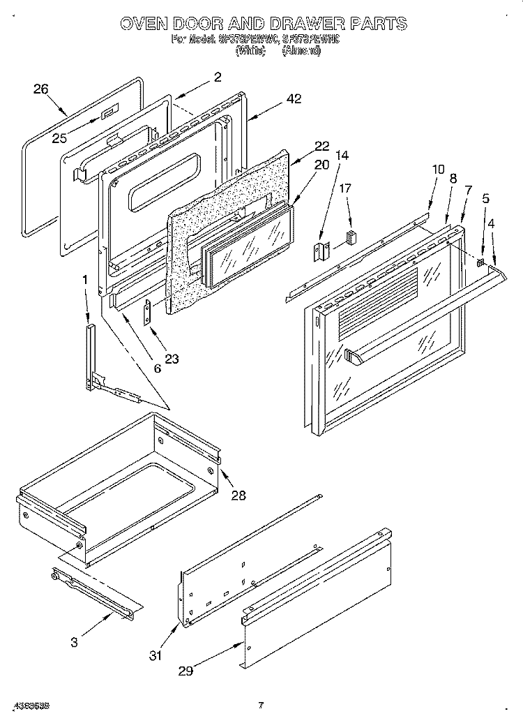 OVEN DOOR AND DRAWER Diagram and Parts List for SF378PEWW0  Whirlpool Range
