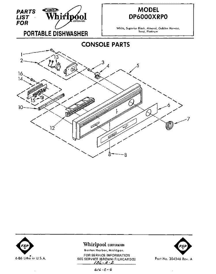 CONSOLE Diagram and Parts List for DP6000XRP0  Whirlpool Dishwasher