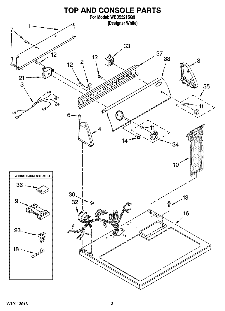 TOP AND CONSOLE PARTS Diagram and Parts List for WED5321SQ0  Whirlpool Dryer