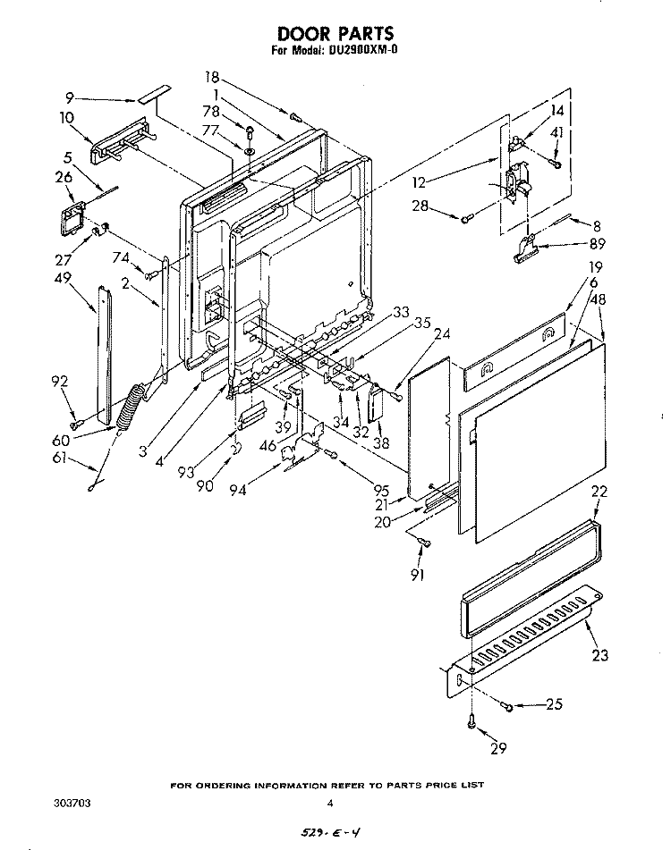 DOOR Diagram and Parts List for DU2900XM0  Whirlpool Dishwasher