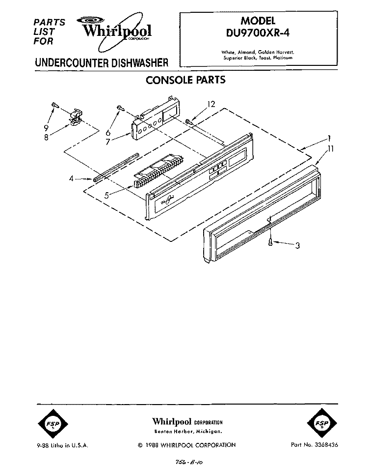 CONSOLE Diagram and Parts List for DU9700XR4  Whirlpool Dishwasher