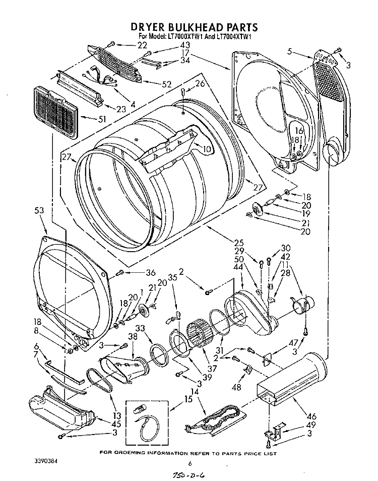 DRYER BULKHEAD Diagram and Parts List for LT7000XTF1  Whirlpool Washer Dryer Combo