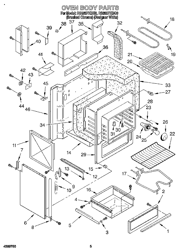 OVEN BODY Diagram and Parts List for RS385PXBQ0  Whirlpool Range