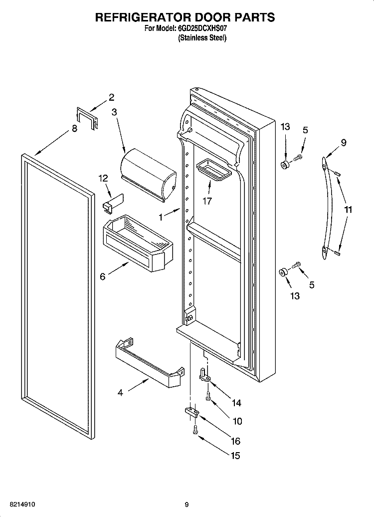 REFRIGERATOR DOOR PARTS Diagram and Parts List for 6GD25DCXHS07  Whirlpool Refrigerator