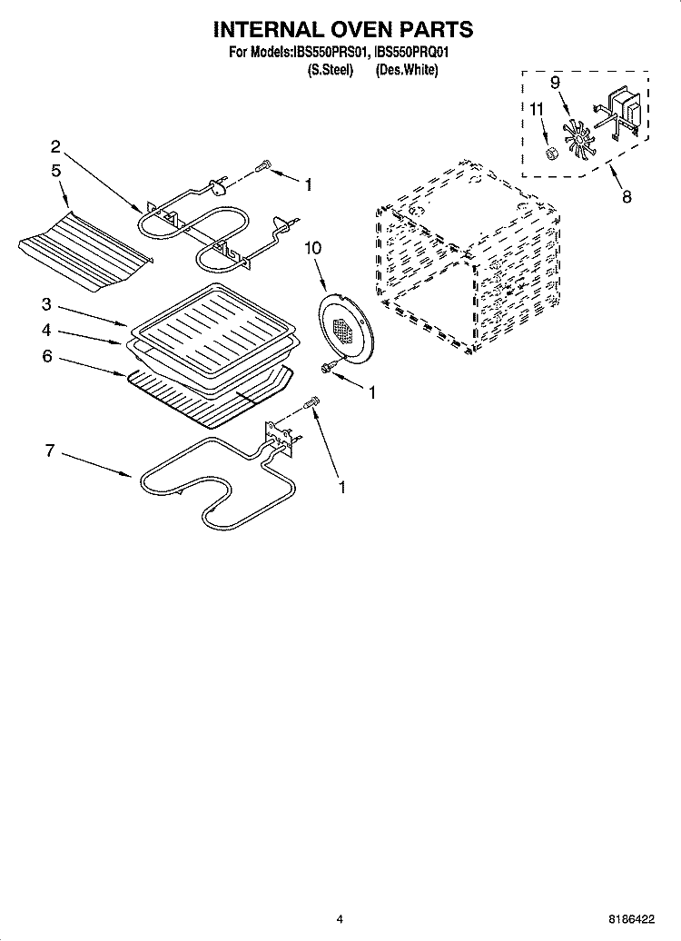 INTERNAL OVEN PARTS Diagram and Parts List for IBS550PRS01  Whirlpool Wall Oven
