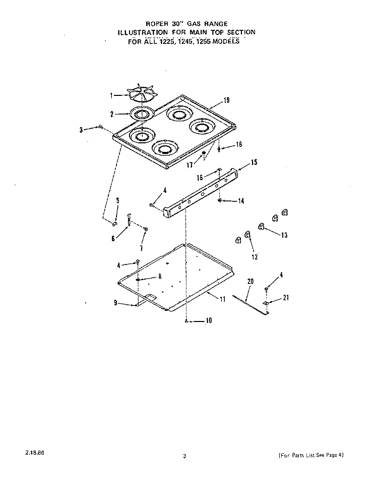 GRIDDLE Diagram and Parts List for 1225W3A  Roper Range