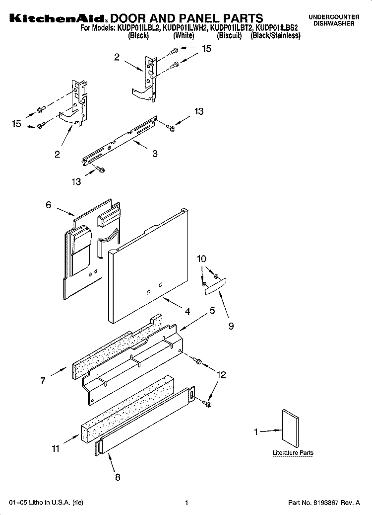 DOOR AND PANEL PARTS Diagram and Parts List for KUDP01ILWH2  KitchenAid Dishwasher