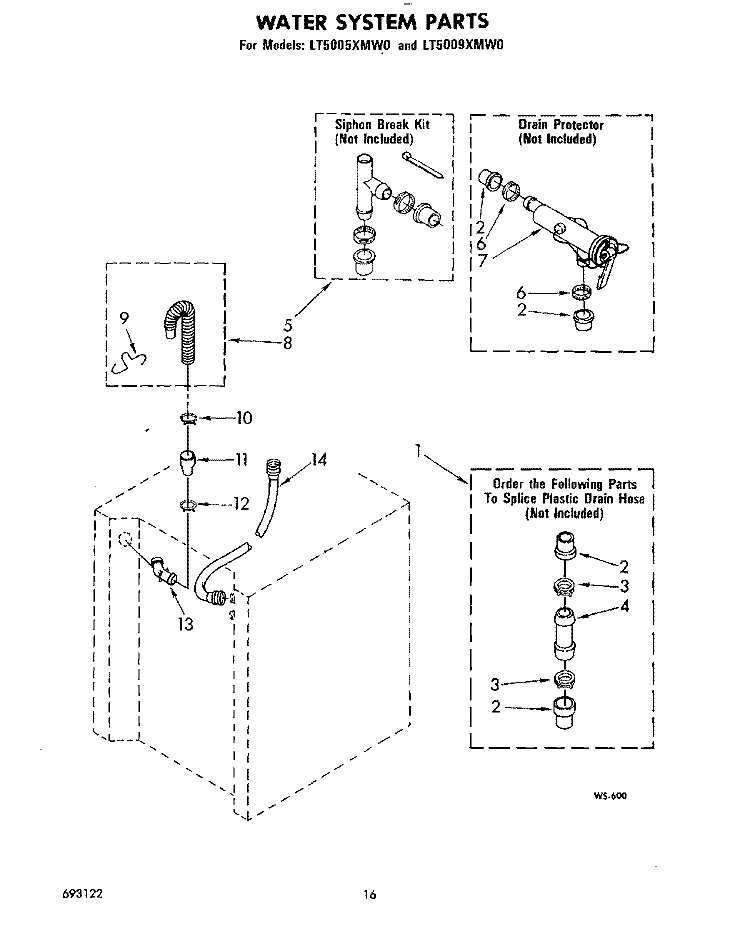 WATER SYSTEM Diagram and Parts List for LT5005XMW0  Whirlpool Washer Dryer Combo