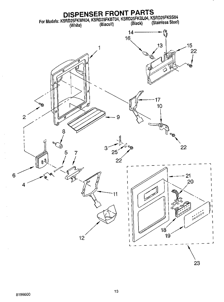 DISPENSER FRONT PARTS Diagram and Parts List for KSRD25FKWH04  KitchenAid Refrigerator