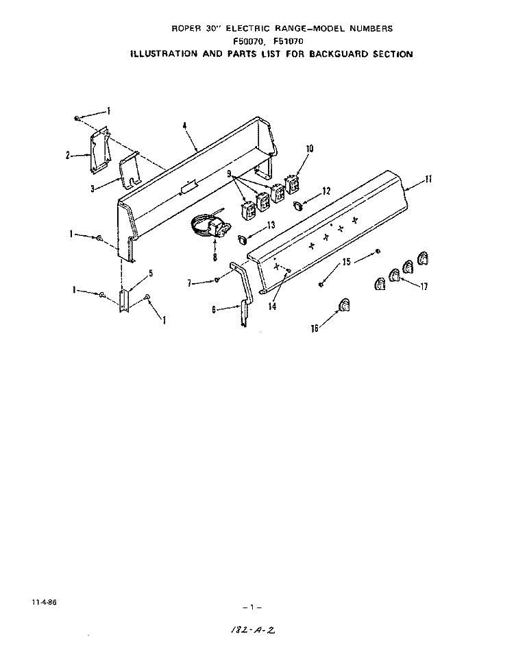 BACKGUARD Diagram and Parts List for F5007W0  Roper Range