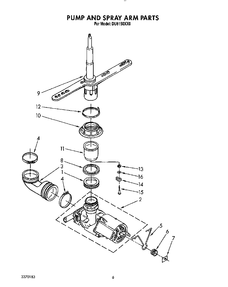PUMP AND SPRAY ARM Diagram and Parts List for DU8150XX0  Whirlpool Dishwasher